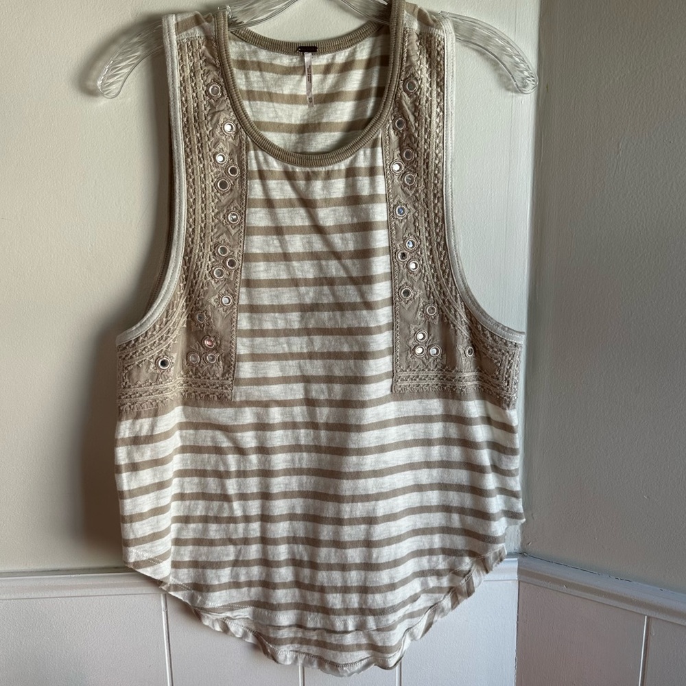 Free People Wear Your Sparkle Tank Top Striped Beige White Embroidered Size XS